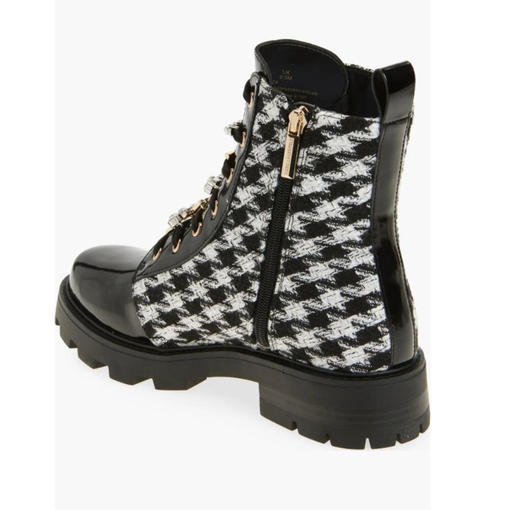 Karl Lagerfeld Paris Mela Tweed Combat Boot | Womens 6, Black White Houndstooth - Picture 3 of 7